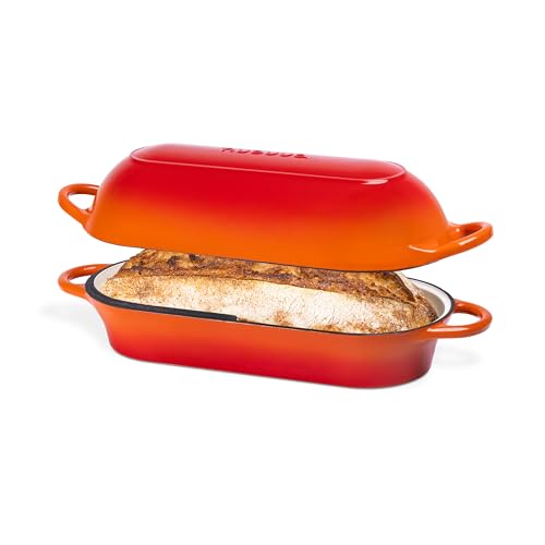 Enamelled Cast Iron Bread Loaf Pot – Dutch Oven for Sourdough Bread Baking – Oven Safe Non Stick Bread Pot – Rectangular, Orange, 32cm x 16cm – by Nuovva