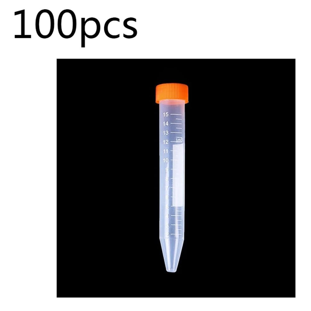 Vetreria da laboratorio Provette da centrifuga in plastica con fondo conico da 15 ml, con tappo a vite e contenitore graduato(Orange-15ml-100Pcs)