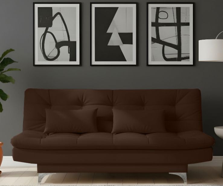 AMATA Eagle Solid Wood 3 Seater Sofa Cum Bed Brown Suede velevt Fabric with Two Cushions Perfect for Home Living Office Room and Guests (Brown, Medium)(3 Year Warranty)