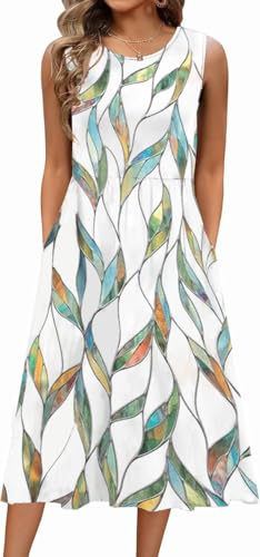 Damen Sommerkleid Ärmellos Rundhals Elegant Blumenkleid Freizeitkleider A Linie Midi Tank Kleider Kleid mit Taschen Strandkleid(Weißes Blatt, M)