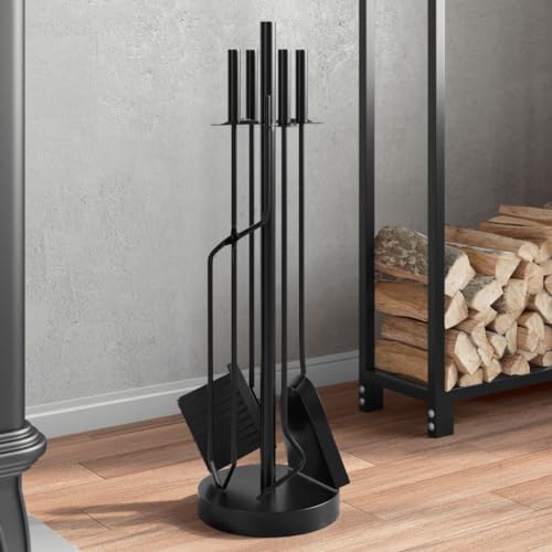 Sufrk Juego de 5 piezas de herramientas para chimenea de 18 x 66 cm, juego de accesorios de acero para chimenea de interior, quemador de leña, herramientas de metal, hierro y cepillo de póquer