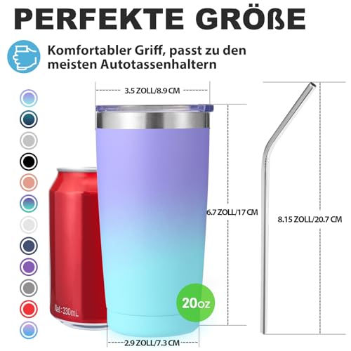 Volhoply 600ml（20oz） Thermobecher mit Deckel und Strohhalm,Doppelwandiger isolierter Reise-Eiskaffeebecher Passend für Tassenhalter… – Ansicht 2