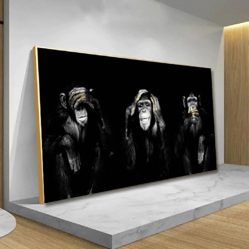 Peinture sur toile 3 singes de grande taille avec cadre doré élégant