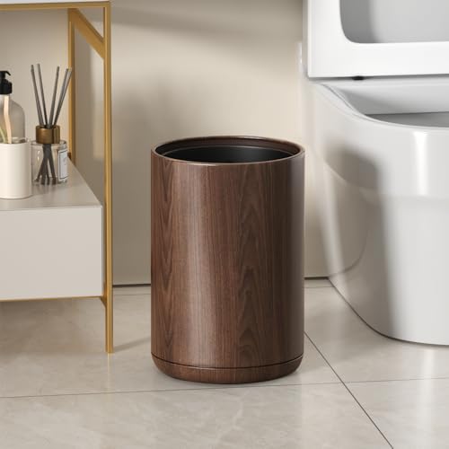 Image of 8L /2.1GAL Dark Brown Modern Metal Waste Bin with Realistic Wood Texture,Built-in Bag Holder,Office Trash Can,Open-Top Trash Bin,for Bathroom,Home,Office,Living Room (2.1gal Round)