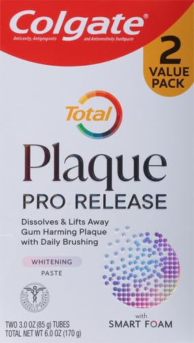 Image of Colgate Total Plaque Pro Release Whitening Toothpaste Pack, Whitening Fluoride Toothpaste, Fights Plaque, Bad Breath, Tartar Buildup, and Helps Protect Teeth from Sensitivity, 3.0 oz (Pack of 24)