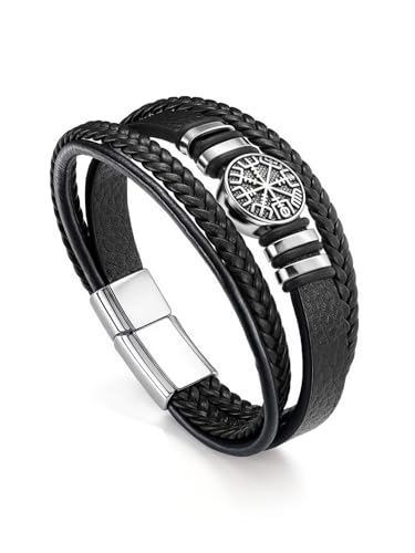 PiercingJak Bracelet Gourmette en Cuir Tissé Multicouche pour Homme avec Boussole Acier Inoxydable Boucle Magnétique Cadeau Anniversaire Valentine Noël