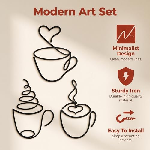 Comforso 3-Piece Coffee Wall Art Set - Minimalist Black Metal Line Art for Kitchen and Living Room Decor - Image 3