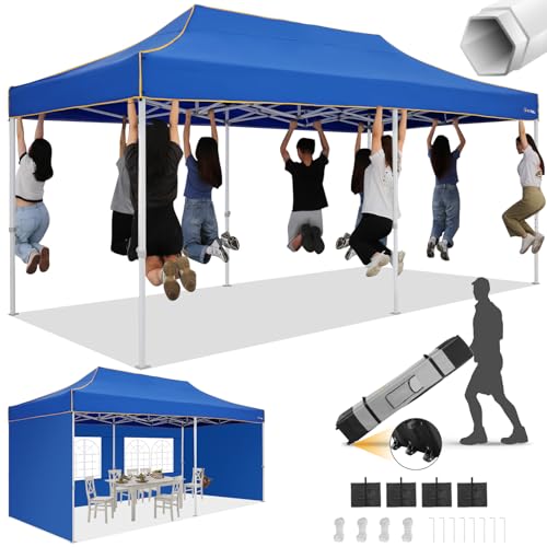 Image of HOTEEL 10x20 Heavy Duty Pop Up Canopy Tent with 4 Sidewalls, Commercial Outdoor Canopy Tents for Parties Event Wedding with Roller Bag, Waterproof & UV 50+, Upgraded Thickened Hexagonal Legs, Blue