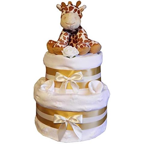 Deluxe Unisex Baby Nappy Cake White & Gold Plush Bing Bing Giraffe or Cheeky Mojo Monkey Design Soft Toy Rattle Plush, White Blanket, Mitts Rose Muslin Gift Baby Shower (Cute Giraffe Bing Bing) Cover