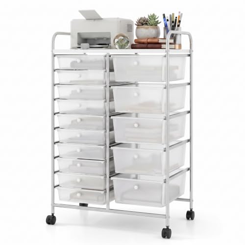 LDAILY 15 Drawer Rolling Storage Cart, Tabletop Storage for Classroom,Clear