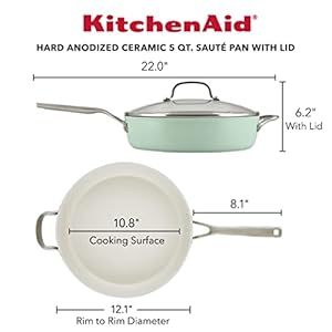 KitchenAid Hard Anodized Ceramic 5 Quart Nonstick Saute Pan with Shatter Resistant Lid Riveted Handle–Durable Even Heating Easy Clean Oven Safe to 500F Pistachio