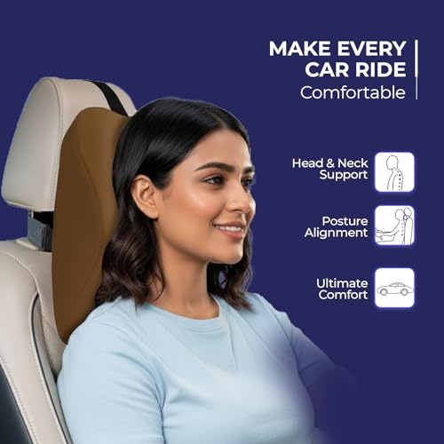 Image of WELLGIVER Orthopedic Memory Foam Car Neck Rest Pillow - Cervical Support Cushion for Neck Pain Relief, Adjustable Strap - Universal Fit for All Cars | TAN Velvet | Pack of 2