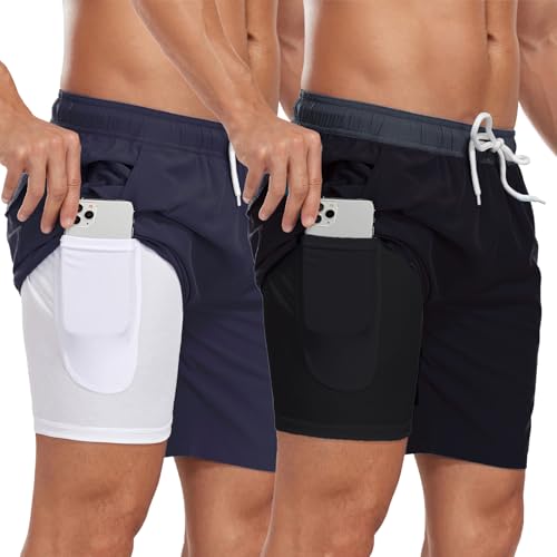 2 Pieces Set Compression Liner Swim Trunks for Men 7 inch Inseam Quick Dry 2 in 1 Beach Board Shorts with Pockets 2 Pieces Set Compression Liner Swim Trunks for Men 7 inch Inseam Quick Dry 2 in 1 Beach Board Shorts with Pockets