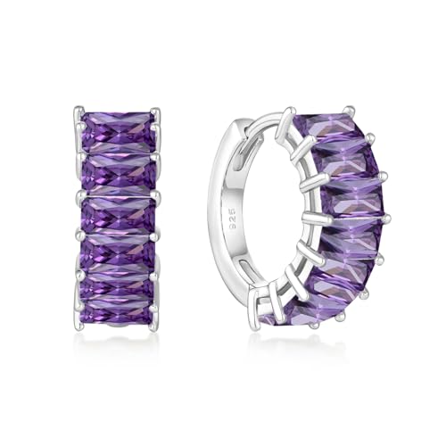 YIFSIY Amethyst Huggie Hoop Earrings, 925 Sterling Silver Baguette Hoop Earring February Birthstone Jewelry Gift for Women