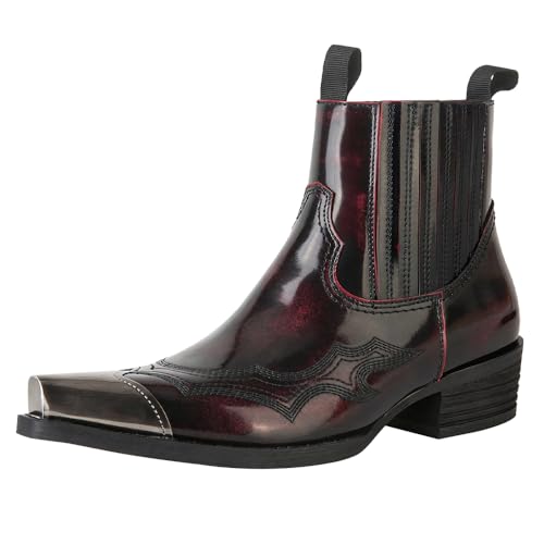 Image of Men's Vintage Patent Leather Chelsea boots, Steel Toe Chelsea Ankle Boots with Embroidered Detail