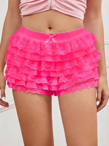 Image of Women Y2K Lace Multi-Layered Bloomers Lolita Ruffle Shorts Cute Mini Skirt | Tiered layers, elastic waist, pumpkin pants, for rave party /country concert /festival