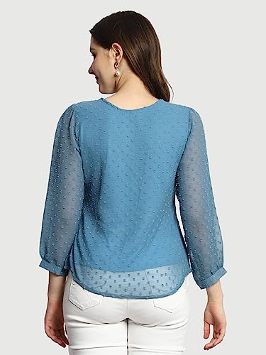 Image of PRETTIFY Women's Regular Fit Solid Embroidery Georgette Waist Length, 3 /4 Sheer Sleeve, Round Neck Casual Wear Western Shirt Top for College /Office Girls