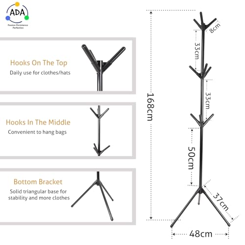 Image of ADA Metal Premium Freestanding Coat Rack with 9 Hooks|Coat Hanger Stand|Coat Tree Clothes Stand for Hats, Bags, Jacket, Umbrella for Entryway, Hallway, Bedroom, Office - Black, 460 x 460 x 1700 mm