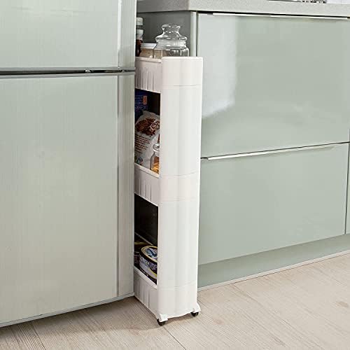 G4RCE 0B-HTJW-5KJ0I Slim Slide Out Kitchen Trolley Storage Shelf Organizer Moving Wall Cabinets Tower Holder Rack on Wheels 3 4 Tier, White / Rolling Pantry Storage