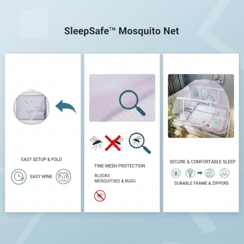 Image of Rainspire Foldable Mosquito Net for Double Bed King Size - Breathable Fine Mesh, with Handle, Heavy Duty Portable Collapsible Mosquito Protection Net for Bedroom Indoor Use - Pink