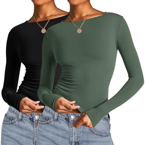 Image of AKEWEI Long Sleeve Crop Tops for Women 2 Pack Fall Going Out Outfits Cute Tight Basic Tees Shirt