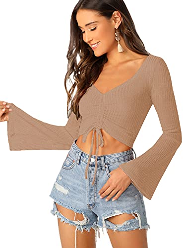 Image of SweatyRocks Women's Adjustable Drawstring String Long Bell Sleeve Rib Knit Sexy Crop Top Camel XS