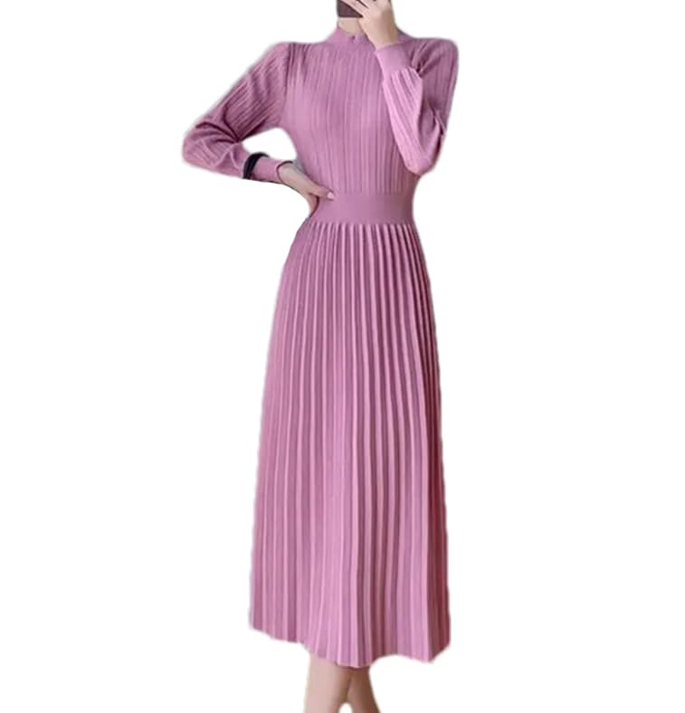 Vestido de punto de manga larga y cintura alta para mujer, vestido midi plisado para otoño e invierno