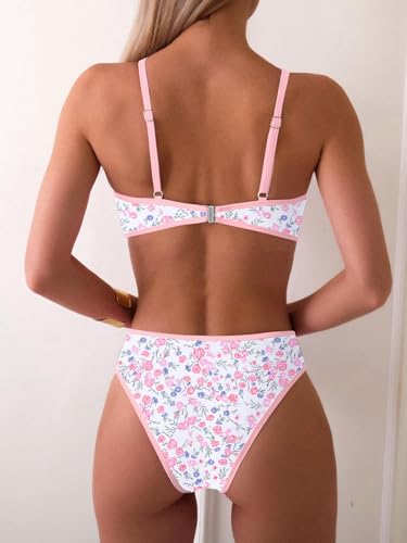 Image of Fanuerg Women's Triangle Bikini Sets O Ring Linked Two Piece Swimsuits Floral Printed Cheeky Bathing Suit