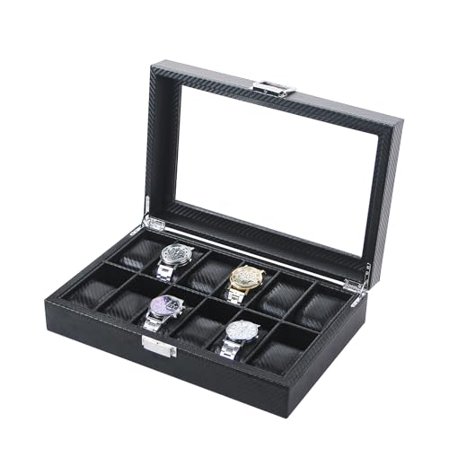 Ausalivan Watch Display Case For Men,Leather Watch Organizer Box,Watch Travel Organizer Tray,Watch Collection Storge Holder For Women (Carbon Fiber, 12 Slots)