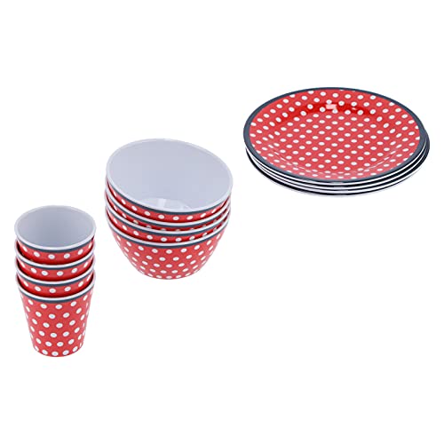 Alvinlite Juego de vajilla Multiusos para el hogar - Plato de Taza de melamina de Punto Rojo - 12 Piezas/Juego de vajilla para Restaurante en casa Vajilla