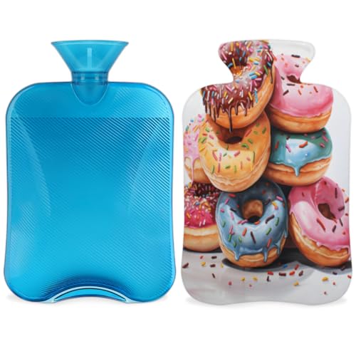Hot Water Bottle with Soft Cover,2L Chocolate Donut Hot Water Bag for Hot and Cold Compress, Hand Feet Warmer, Glitter Donut Rubber Hot or Cold Water Bottle Halloween Christmas Decorations