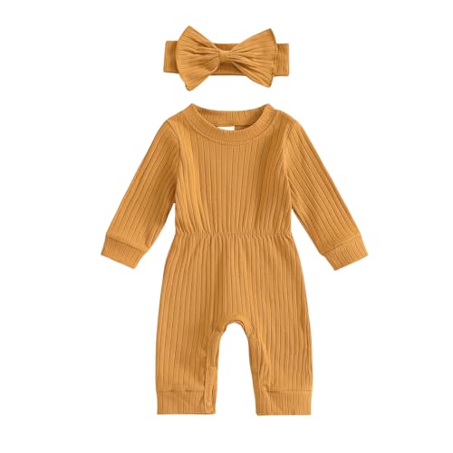 Image of Winioder Newborn Baby Girl Fall Clothes Ribbed Long Sleeve Romper Jumpsuit with Headband Infant 2Pcs Coming Home Outfit