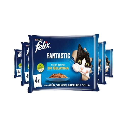 FELIX Fantastic, Comida Húmeda para Gato Adulto, Gelatina, Surtido de Atún, Salmón, Bacalao y Solla, 12 Packs de 4 Sobres de 85 g. (48 Sobres)