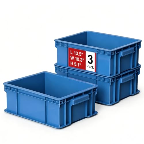 3-Pack Heavy Duty Part Bins, Stackable Tool Storage Bin for Hardware | Straight Wall Container for Screws, Nuts & Bolts, Industrial Organizer Bin for Wearhouse & Factory (13.5″L*10.3″W*5.1″H)