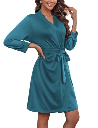 Image of Ekouaer Women's Robes Lightweight 3 /4 Sleeve Short Knit Bathrobe Soft Knee Length Sleepwear Robes with Pockets S-XXL