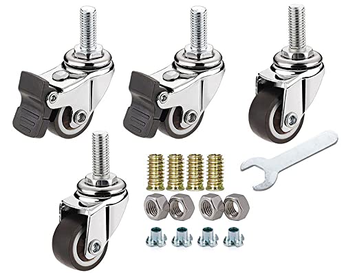 NERILEE 1'' Mute Swivel Rubber Wheel,with T nut M6x15mm Stem Threaded Mini Furniture Casters,Load 90Lbs, for Workbench, Table, Cabinet,Coffee Table of Hardwood Floors
