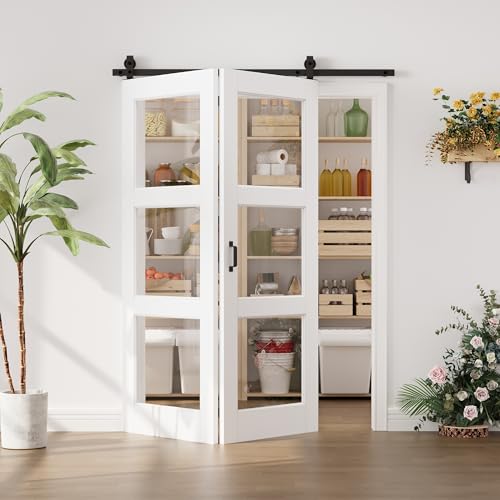 Image of 56 inchx80 inch White 3-Lites Clear Glass Bifold Barn Door Slab with 64 inch Track Kit