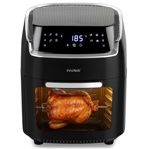 Innoteck 12L Digital Air Fryer Oven with Rotisserie 1800W Large Air Fryer with Touch Panel & 8 Cooking Presets Shelves Basket Racks & Drip Tray Black & Silver Finish