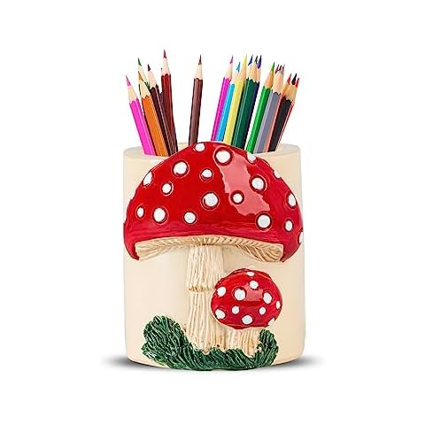 dgudgu Mushroom Pencil Holder For Desk Cute Pencil Holders & Pen Holders Resin Desk Pencil Holder Pen Organizer For Desk Cover