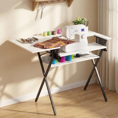 Sewing Table for Sewing Machines 2in1 Folding Sewing Machine Table with Charging Station Hobby Craft Table with Foldable Side Shelf and Open Storage Shelf Computer Desk Workstation for Home Office