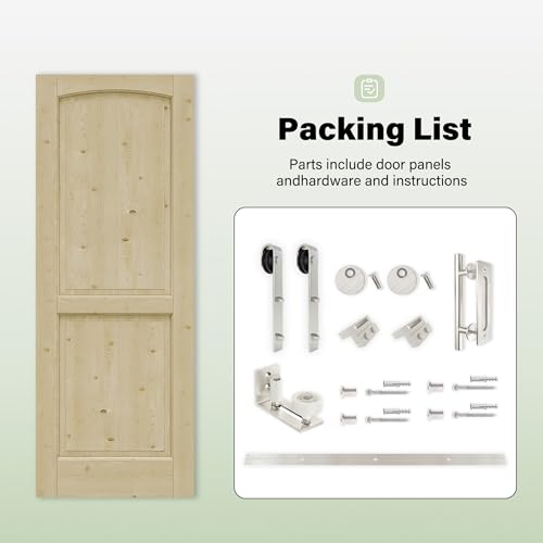 Image of 36 inch x 80 inch Presembled 2 Raised Panels Barn Door with 72 inch Track Kit, Pine Wood Sliding Barn Doors for Closet Kitchen Bedroom Pantry, Excellent Sound & Thermal Insulation, Nickel-Plated Hardware Kit