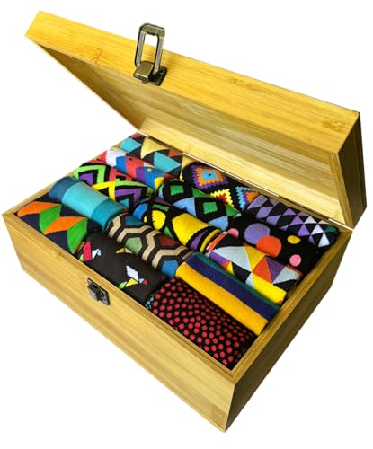 JNRB Men's/Women's Cotton Colorful Crew Dress Socks Geometric Pattern Engraved Gift Box, Size S-M or L-XL 15pack or 18pack