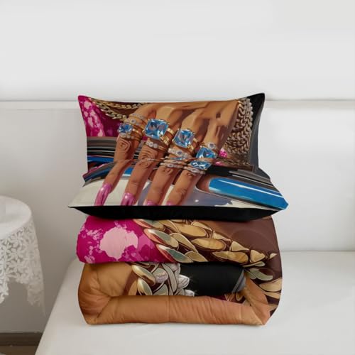 Image of Erosebridal Black Woman Full Bedding Set for Girls Teens Afro Magical Comforter Set Soft Microfiber Luxury African American Quilt Black Female Girls Bed Set for Melanin Bedroom Decor, 3 Piece