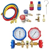 BlesConi Manifold Druckmessgerät Set für Klimaanlagen-Wartung, geeignet für R410A R32 R404A R134A, mit 3 Schläuchen (rot/blau/gelb), Messinggehäuse, Ø 7 cm, Schlauchlänge 80 cm