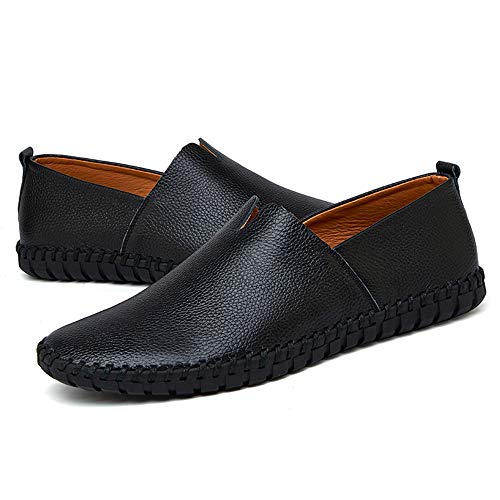 Loafer for Men Round Toe Pull On Lychee Pattern Hand Stitching Pull Tap Anti Slip Genuine Leather Rubber Sole(Black,10 M US)4