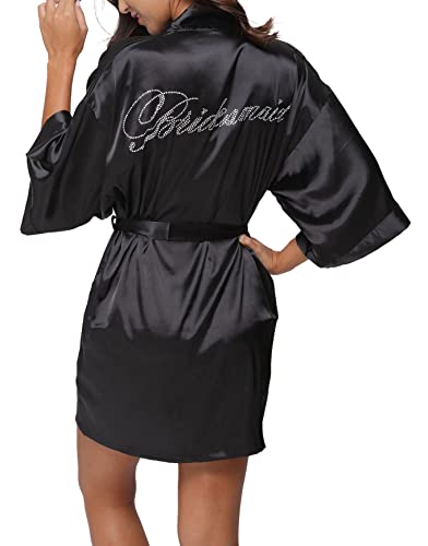 The Bund Women's Short Kimono Robes for Bridesmaid Black L Size
