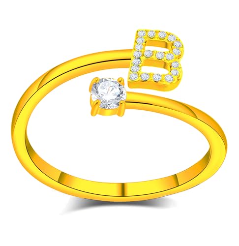 Only faith Anillos de letras iniciales Brillantes Zirconia cúbica Incrustada con acero inoxidable ajustable, Anillos abiertos de letras para mujer, joyería de moda circonita (B - DORADO)