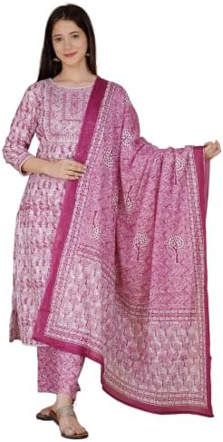 MEERA FAB Women's Cotton Printed Printed Straight Embroidery Kurta with Palazzo & Dupatta Set