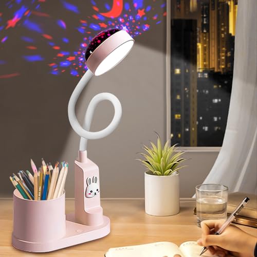 Aicharynic Kinder Schreibtischlampe: LED Nachttischlampe Kinder Mit Stifthalter, Dimmbare Tischlampe Mit Sternprojektion, 360° Verstellbar, Für Kinderzimmer (Pink)