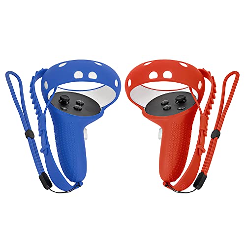 Tomsin Touch Controller Grip Cover for Oculus Quest 2, Anti-Throw Handle Silicone Sleeve Oculus Quest 2 Accessories with Adjustable Wrist Knuckle Strap (Left Blue and Right Red)